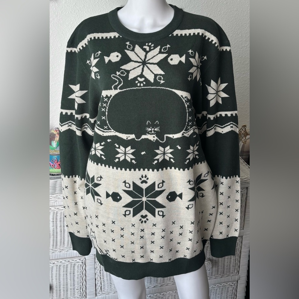 Cat Warehouse CATastrophic Crewneck Sweater in Holiday Green & Cream Size XL